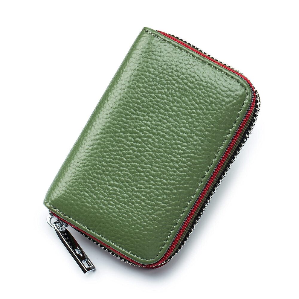 1395 RFID Credit Card Holder Small Zipper Leather Card Wallet Fruit Green